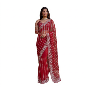 Sari rouge en filet avec broderie argentée et perles, tenue de soirée de mariage, sari traditionnel Bollywood pour femmes, longueur au sol, séchage rapide - Product Image 1
