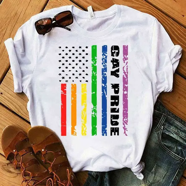 T-shirt à manches courtes, vêtement unisexe, tendance Amazon, imprimé drapeau arc-en-ciel, 2022