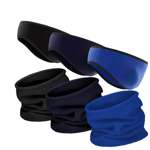 Ensemble cache-cou, cache-oreilles et masque facial coupe-vent en polaire pour le cyclisme, noir et bleu marine - Product Image 1