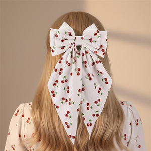New Girls Elegant Oversized <b>Bow</b> Long Ribbon Fabric Alloy Hair <b>Clip</b> Sweet Handmade Cherry Print Spring Wedding Hair Accessory - Product Image 1