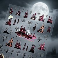 Autocollants 5D en relief pour ongles Halloween : Château, Chauve-souris, Arbre – Décorations auto-adhésives pour manucure Nuit effrayante