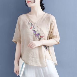 Women's Cotton Linen Blouse Blue Embroidered Floral Wrap Top Short Sleeve Everyday Wear - Product Image 3