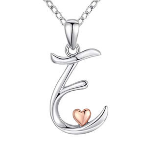 S925 Sterling Silver <b>Initial</b> Letter E Pendant Necklace with Rose Gold Heart Charm for Women Handmade Bulk Product - Product Image 1