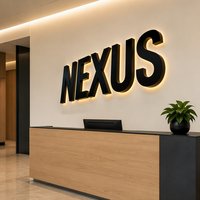 Enseigne murale personnalisée NEXUS 3D en lettres noires avec halo LED doré rétroéclairé