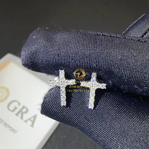 Bulk Stock Drop Shipping Men Iced Out Hip Hop Sterling Silver 925 Screw Back Moissanite Diamond Cross Stud Earrings Men