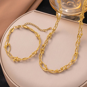 Waterproof Hypoallergenic Wholesale Stainless Steel 18K Gold Wedding Flat Wave Beaded Necklace <b>Bracelet</b> Jewelry <b>Sets</b> Women - Product Image 2