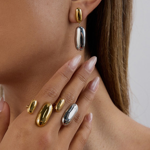 Geometric Stainless Steel Ring And Earrings Set For Women Party Jewelry Oval <b>Shape</b> Color <b>Blocked</b> Fashion Jewelry - Product Image 4