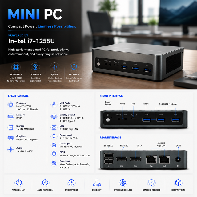 Eglobal Intel Core I7-1255U for Gaming Mini PC DDR5 64GB RAM M.2 NVME SSD New All-copper Turbo Fan Integrated Graphics