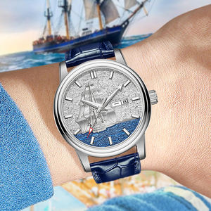 Reloj Mecánico Automático para Hombre HANBORO, <span class=keywords><strong>Serie</strong></span> Smooth Sailing, Diseño de Velero, Esfera Simple, Visualización de Calendario con Manecillas - Product Image 6