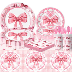 Nouveau rose arc thème fille fête d'<span class=keywords><strong>anniversaire</strong></span> vaisselle assiette en <span class=keywords><strong>papier</strong></span> tasse en <span class=keywords><strong>papier</strong></span> <span class=keywords><strong>serviette</strong></span> en <span class=keywords><strong>papier</strong></span> nappe ensemble - Product Image 1