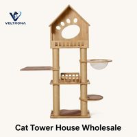 Mobilier d'escalade pour chat d'intérieur : Tour avec maison, motif empreinte de patte découpé, bol en acrylique et pilier en sisal, vente en gros