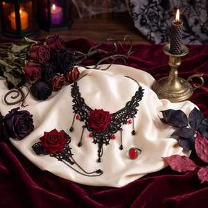 Ensemble collier et bracelet en dentelle noire et rouge gothique, bijoux vintage pour costume d'Halloween, accessoires pour femmes - Product Image 6
