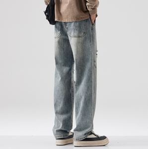 Jeans Casuales Versátiles Retro con Agujeros Desgastados para Otoño e Invierno, <span class=keywords><strong>Pantalones</strong></span> <span class=keywords><strong>Largos</strong></span> de Pierna Recta para <span class=keywords><strong>Hombre</strong></span> - Product Image 4