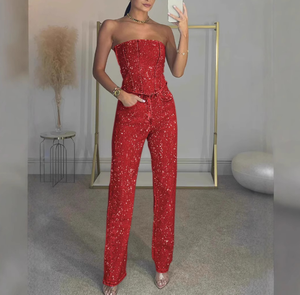 <span class=keywords><strong>Completo</strong></span> da <span class=keywords><strong>donna</strong></span> sexy con top scintillante a spalle scoperte e pantaloni lunghi decorati con diamanti, senza maniche, a tutta lunghezza - Product Image 3