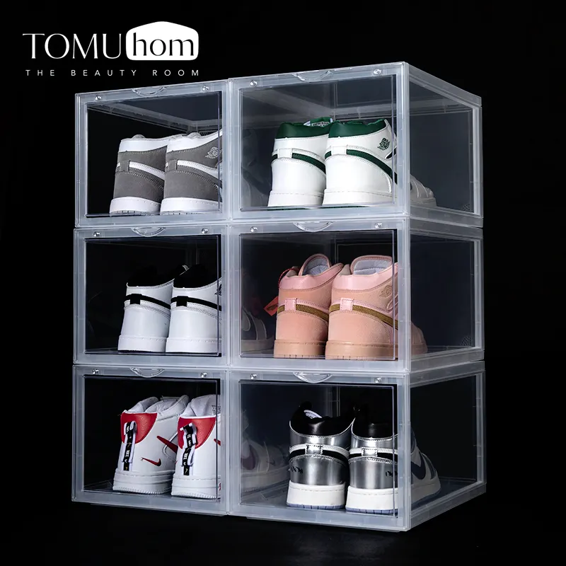 Boîte transparente à chaussures, contenant personnalisé, emballage avec Logo, gros, boîtes de rangement empilables devant, vente en gros