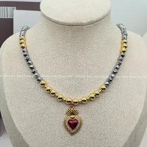 Kalung liontin hati lucu, perhiasan kalung manik-manik emas choker dapat diatur rantai berlapis berlian untuk pria wanita