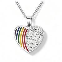 Collier en acier inoxydable plaqué or en forme de cœur avec rayures arc-en-ciel et cristaux, bijoux de la fierté gay avec chaîne de 19 pouces
