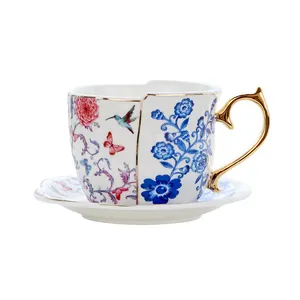 European Style Exquisite Retro Gold Flower and Bird Asymmetric Ceramic Coffee Cup and Plate Set Tea Cup and Saucers Mug Gift Set