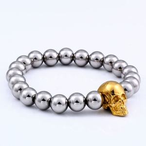 Edgy Punk Gold Skull Elastic <b>Beaded</b> <b>Bracelet</b> for <b>Men</b> Tactical 316L Stainless Steel Hypoallergenic Unisex Fashion Jewelry - Product Image 1