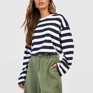 Mujer moda Otoño primavera blanco azul marino rayas ancho manga larga algodón suave transpirable Material alta calidad camiseta - Product Image 1