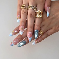 Ongles à presser en acrylique, motif vague bleu rose dégradé, étoile de mer et coquillage, forme amande, pour l'été et la plage, faits main, taille moyenne, personnalisables, vente en gros