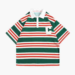 Camiseta Polo de Manga Corta Personalizada con Logotipo Bordado en Toalla, de Algodón Puro a Rayas, con Bloques de Color y Solapa - Product Image 3