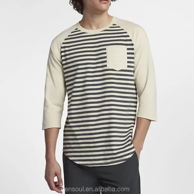 OEM Custom gym sport longline stripe raglan longline mens full long sleeve t shirts with front pocket