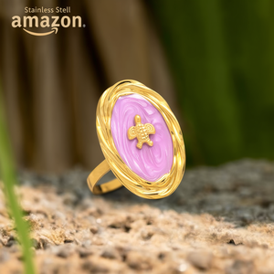 Bague tendance en acier inoxydable 316L plaqué or PVD, émail rose, motif tortue, forme ovale - Product Image 3