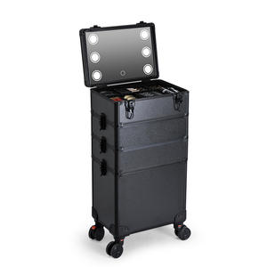 Valise de maquillage professionnelle avec miroir LED, grande capacité de rangement, pour usage domestique, rectangulaire, couleur unie, roulettes pivotantes - Product Image 1