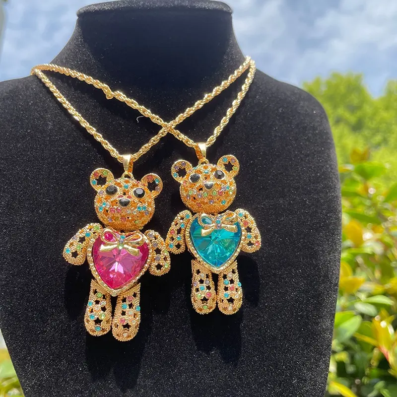 Hip Hop Best Couple Lovers Geschenk Vintage Kristall Diamant Herz vergoldet Schmuck lange Teddybär Halskette für Frauen