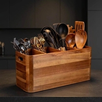 Boîte de rangement flexible à 4 compartiments en bois d'acacia Mangium avec poignée pour couverts, spatules, couteaux, fourchettes, comptoir de cuisine