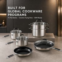 Batterie de cuisine complète en acier inoxydable triple couche, comprenant poêle à frire en céramique et cuiseur vapeur, compatible tous feux, avec poignée rivetée et répartition uniforme de la chaleur, vente en gros