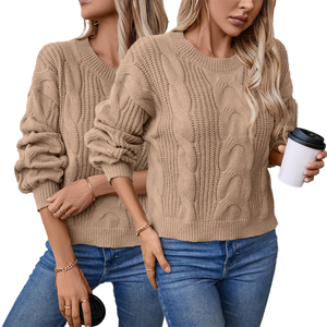 Wholesale Winter Round Neck Pullover Drop Shoulder Long Sleeve <strong>Jumper</strong> Solid Color Ribbed Striped <strong>Cable</strong> <strong>Knitted</strong> <strong>Women</strong> Sweater - Product Image 2
