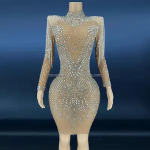 2022 Nieuwe Vrouwen Mode Kleding Diamant Kwastje See-Through Outfit Hot Boren Elegante Avondjurken Decoratie Ontwerp