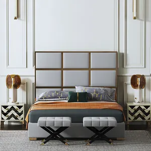 Personalizado de lujo moderno italiano cuero gris de Rey reina tamaño cama con marco de madera maciza muebles de hotel