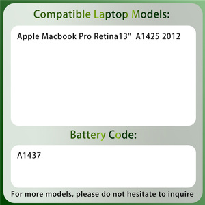 Batería de Repuesto de Alta Calidad para Laptop A1437 para <span class=keywords><strong>Macbook</strong></span> <span class=keywords><strong>Pro</strong></span> Retina 13 " A1425 Año 2012 Md212ch/a Md231, Batería Recargable - Product Image 2