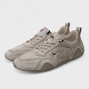 <b>Beige</b> Genuine Leather Mesh Lining Solid Walking Shoes Lace Casual Sneakers Breathable Lightweight Toe for Daily Outdoor Wear - Product Image 1