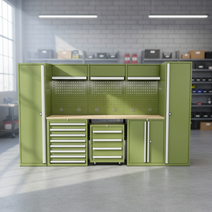 Armoire de rangement d'outils pour atelier de réparation automobile, armoire à outils modulaire robuste avec établi et panneau perforé, huit tiroirs avec roulettes - Product Image 1