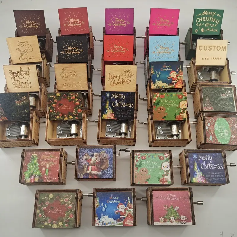 Caixa de música europeu para artesanato, material de natal, caixa de madeira com manivela, música