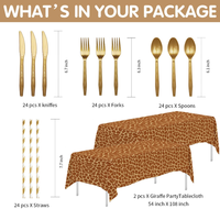 Assiettes, gobelets, serviettes, nappes, couverts et pailles jetables à thème girafe pour fête d'anniversaire sur le thème de la jungle ou du safari