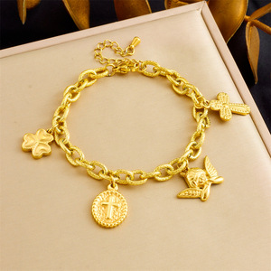 European American Retro Gold Plated Chunky Chain Bracelet With Cross Angel Charm For Women - Product Image 1