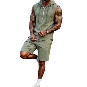Men's Olive Green Sleeveless Hooded Tank Top Set Knitted Cotton Solid Digital Printed Casual Breathable Summer Wear - Product Image 2