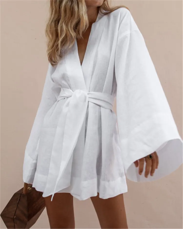 Summer Autumn Custom Wholesale Long Sleeve Women Cotton Robes Kimono 100% Linen Bathrobe