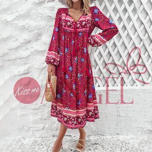 KISS ME ANGEL SM L XL Sommer lässig Strand Urlaub Druck V-Ausschnitt Bindung locker langärmeliges Kleid für Damen - Product Image 3
