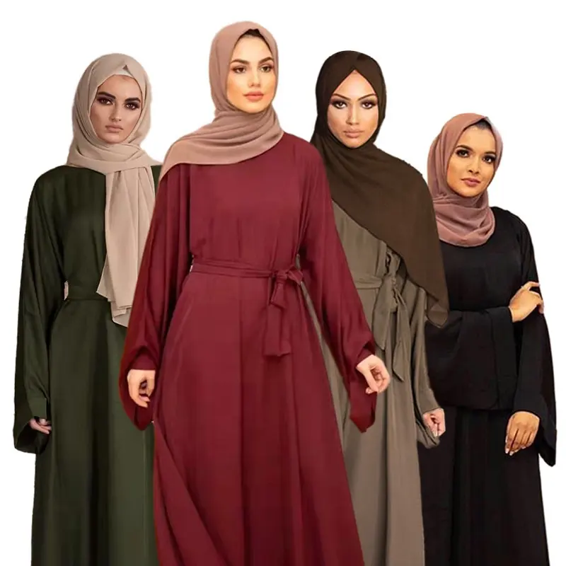Váy Hồi Giáo Dài Tay Vải Nhung Abaya Cho Nữ, Váy Hồi Giáo Dubai, Trang Phục Hồi Giáo Tay Phồng, Màu Trơn