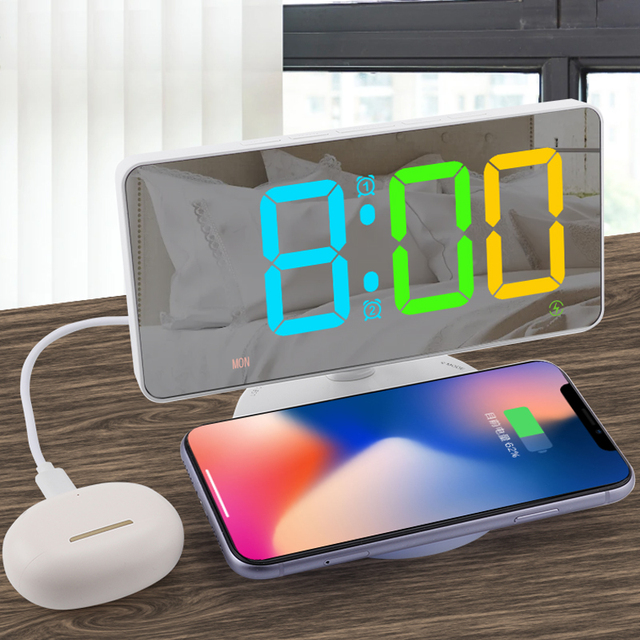 7 Inch Large Display LED Clock with 2 Alarm and Adjustable Brightness Bedside Wireless Charging Alarm Clock for Desktop