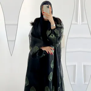 Vêtements islamiques à la mode, abaya ouverte imprimée au design de Dubai, vente en gros, ensemble 2 pièces, hijab, abaya en organza avec manches à bulles