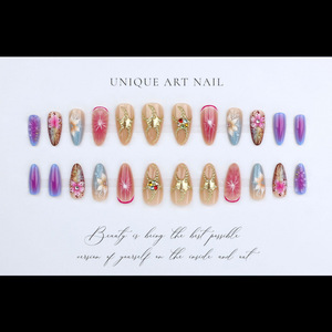 Faux Ongles Aurora Ombré Amande à Coller, Motif Fleur de Lys et Prunier 3D, Perles Dorées, Dégradé Irisé, Kits d'Ongles pour Femme, Idéal Soirée - Product Image 3