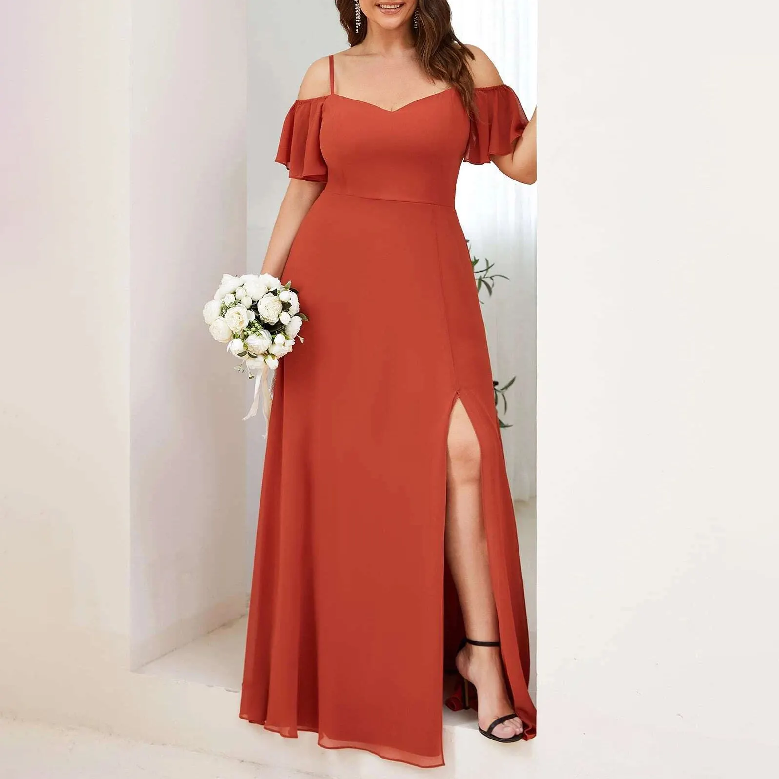 Modest Plus Size Women's Off Shoulder Sexy Side Slit Chiffon Long Ball Gown Prom Party Elegant Formal Evening Dresses For Lady