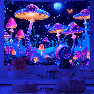 Champignon <span class=keywords><strong>Psychédélique</strong></span> Lune Papillon Méduse Tapisserie Murale Réactive aux <span class=keywords><strong>UV</strong></span> Esthétique Décoration de Chambre Bohème Hippie Rideau Tissu - Product Image 2